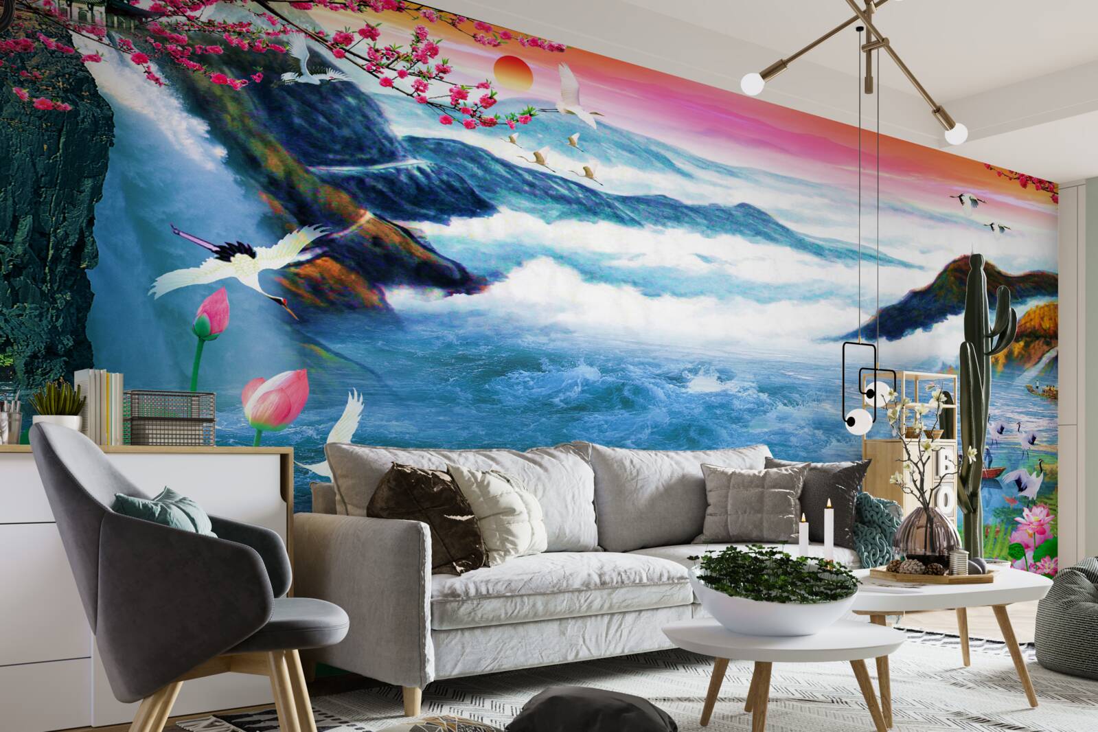 Fototapeta Pri západe slnka sú na úpätí horského vodopádu rybári