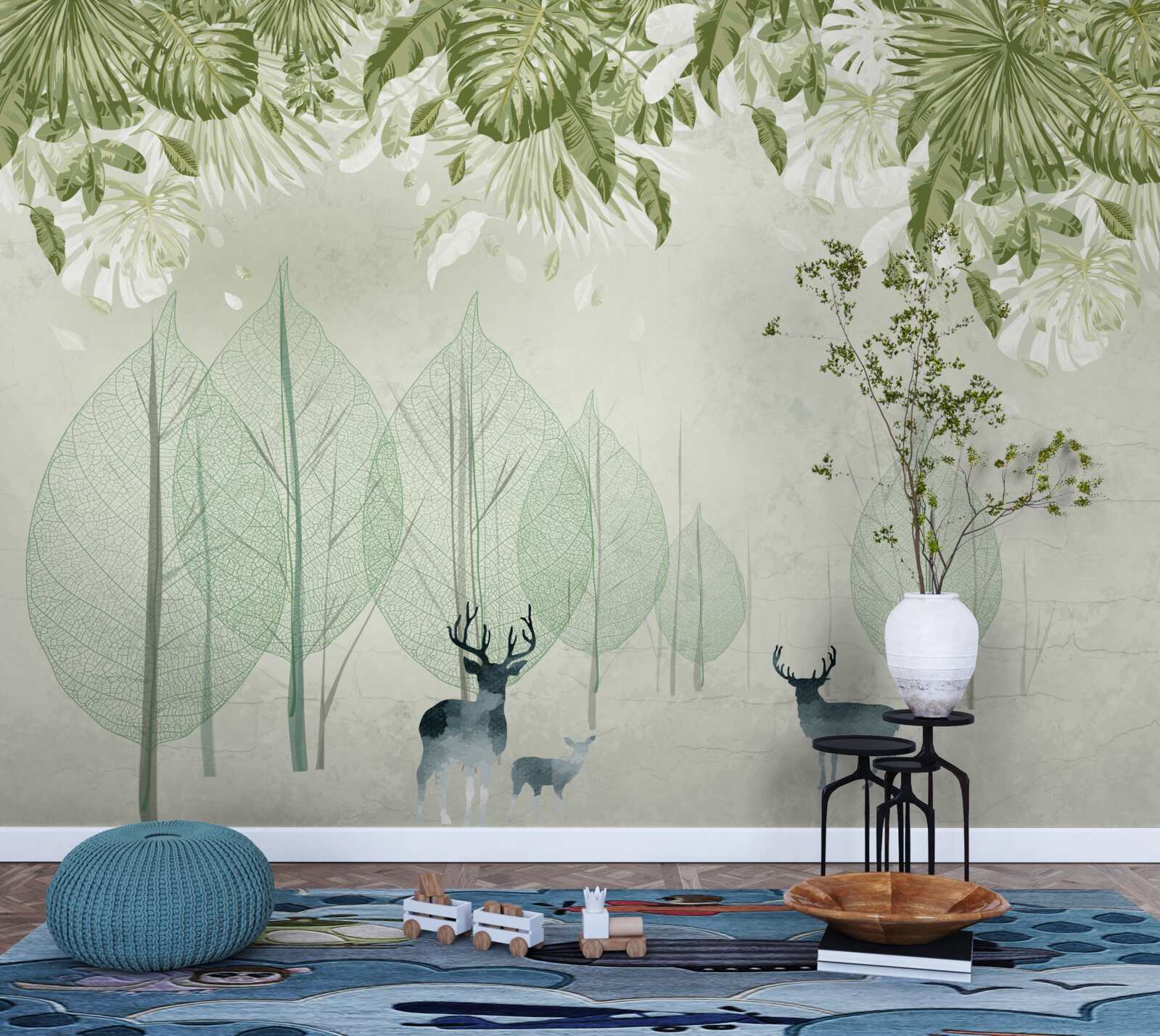 Fototapeta hmlistým zeleným lesom sa potuluje rodinka jeleňov