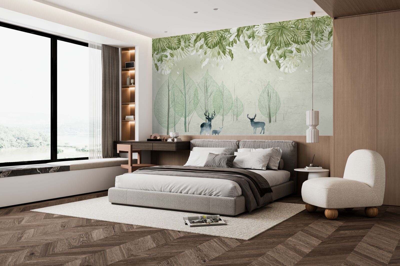 Fototapeta hmlistým zeleným lesom sa potuluje rodinka jeleňov