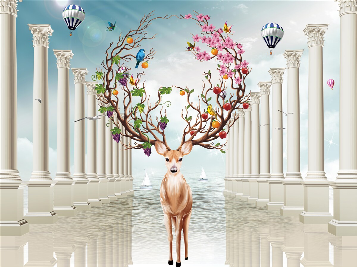 Fototapeta Snehobiela kolonáda a jeleň s nezvyčajným abstraktným parohom