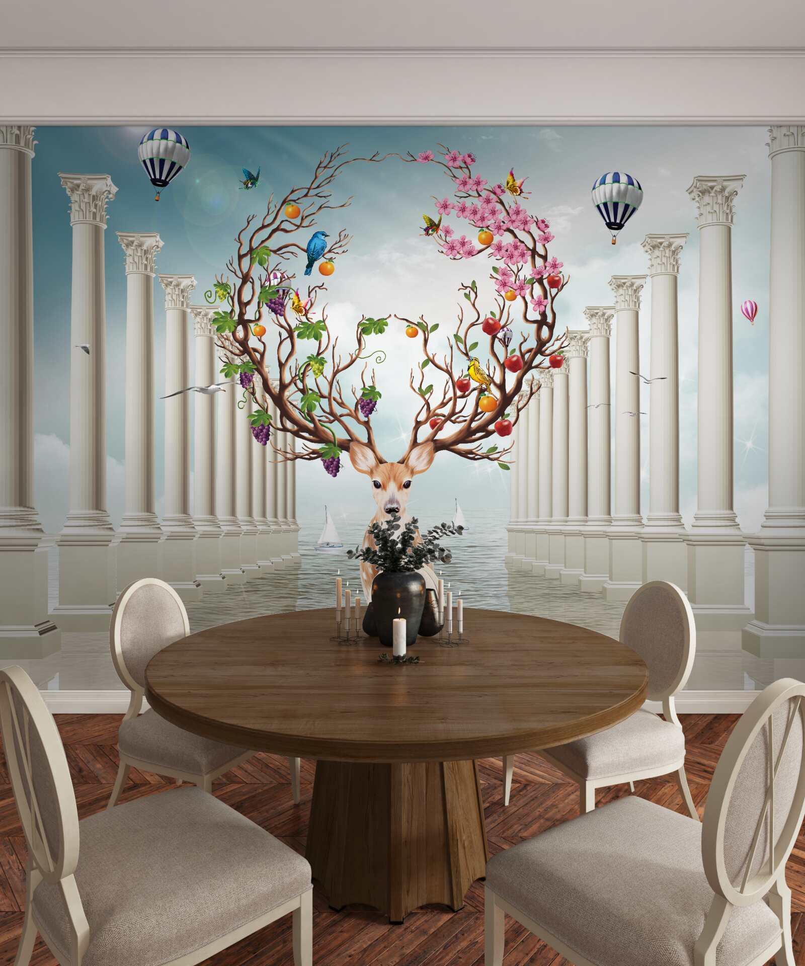 Fototapeta Snehobiela kolonáda a jeleň s nezvyčajným abstraktným parohom