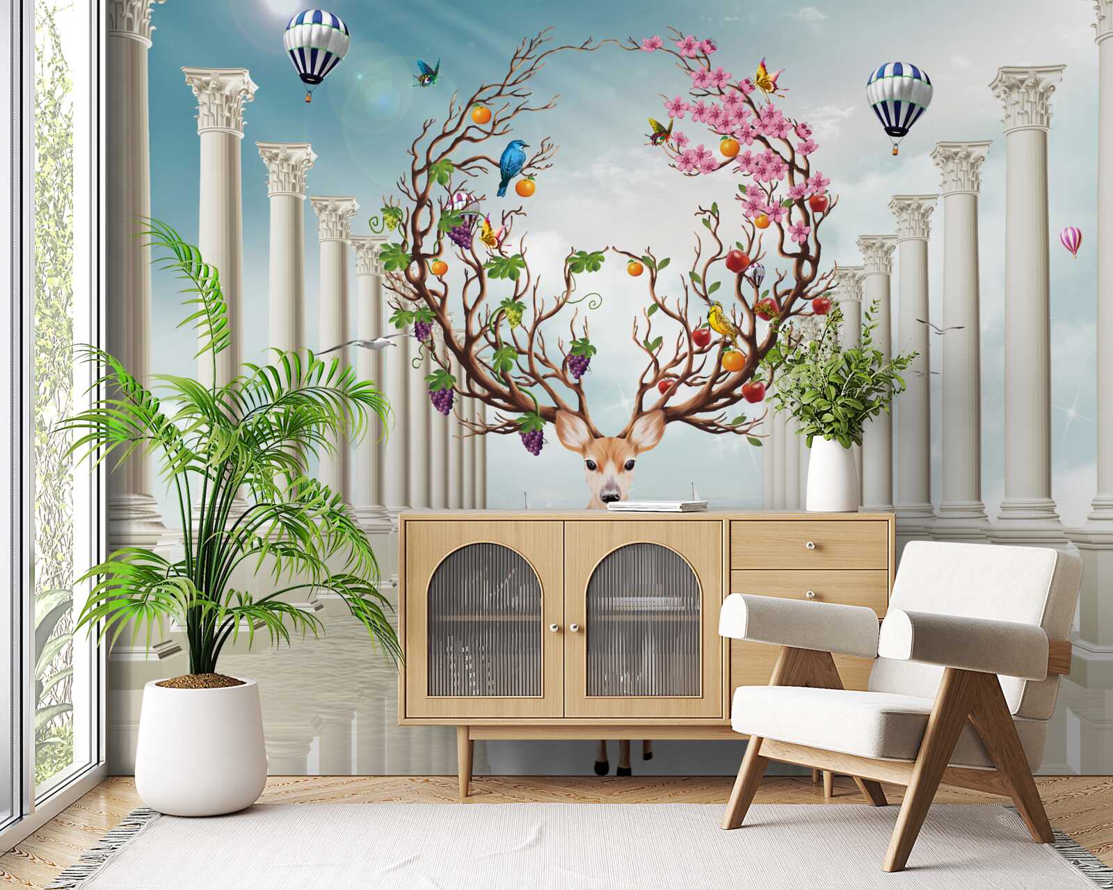 Fototapeta Snehobiela kolonáda a jeleň s nezvyčajným abstraktným parohom