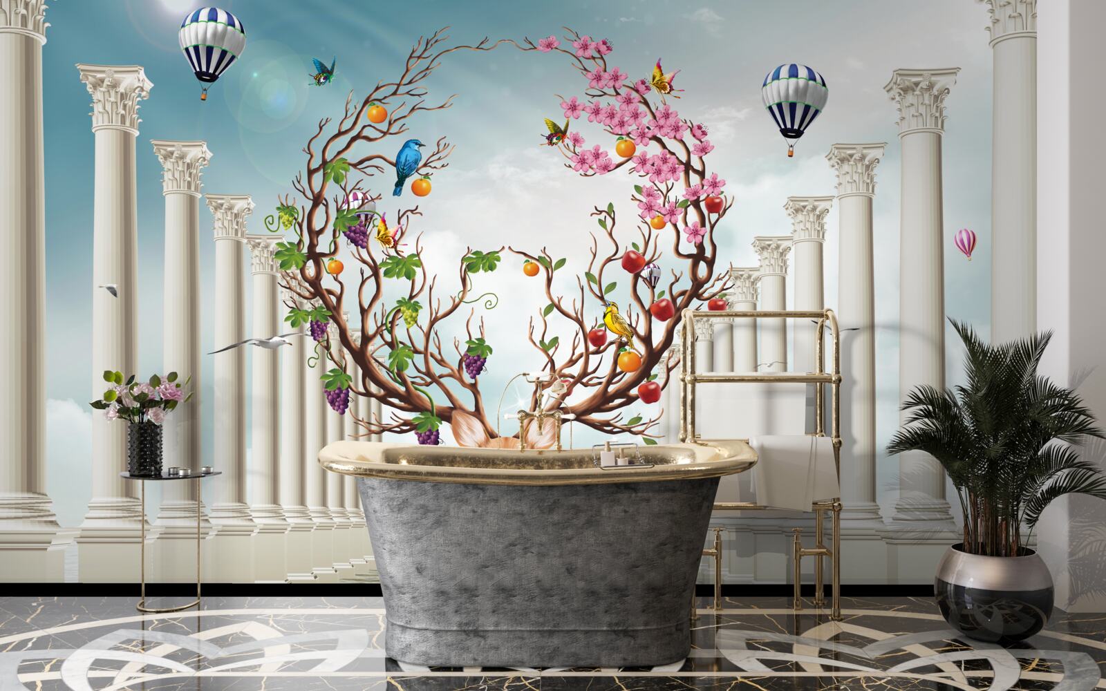 Fototapeta Snehobiela kolonáda a jeleň s nezvyčajným abstraktným parohom