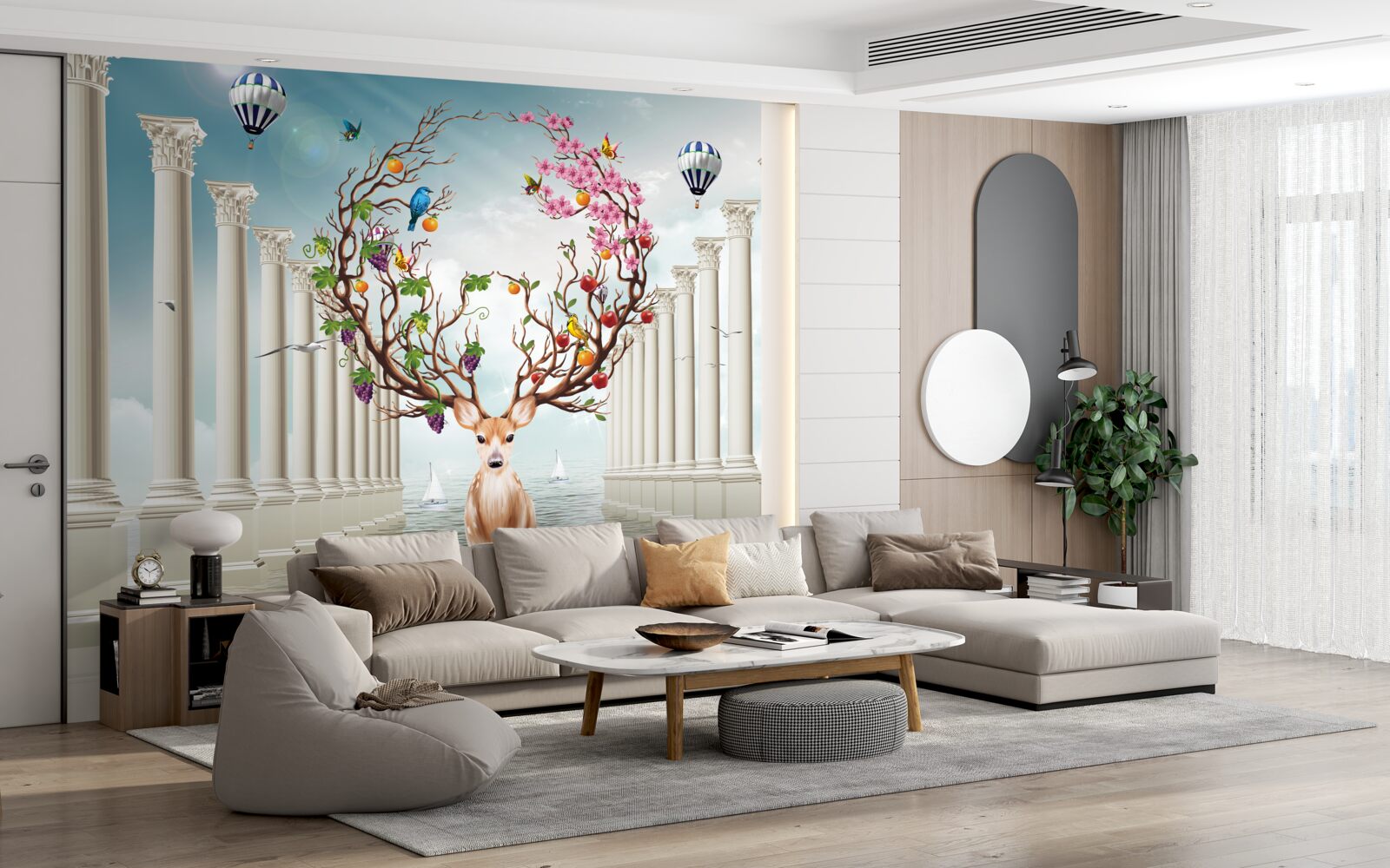 Fototapeta Snehobiela kolonáda a jeleň s nezvyčajným abstraktným parohom