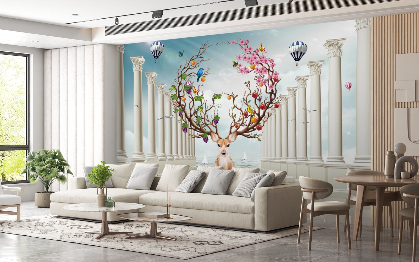 Fototapeta Snehobiela kolonáda a jeleň s nezvyčajným abstraktným parohom