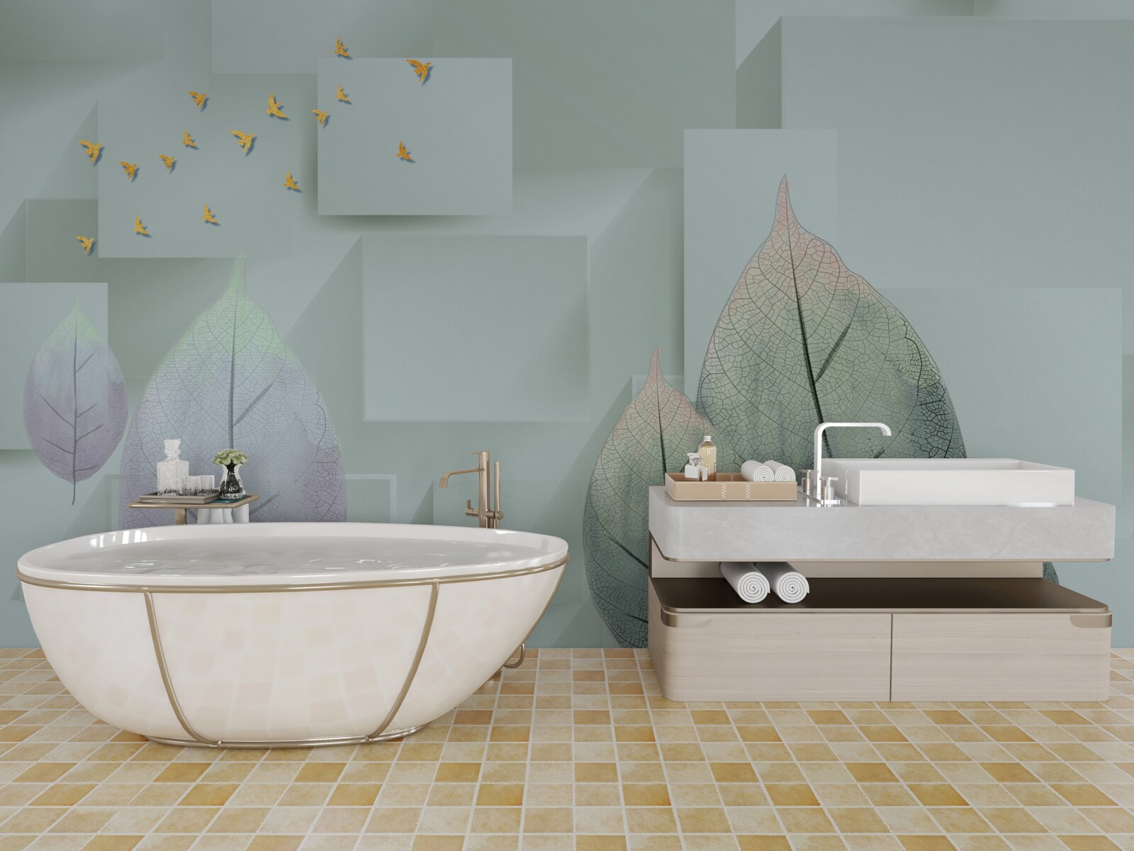 Fototapeta Žlté vtáky a listy