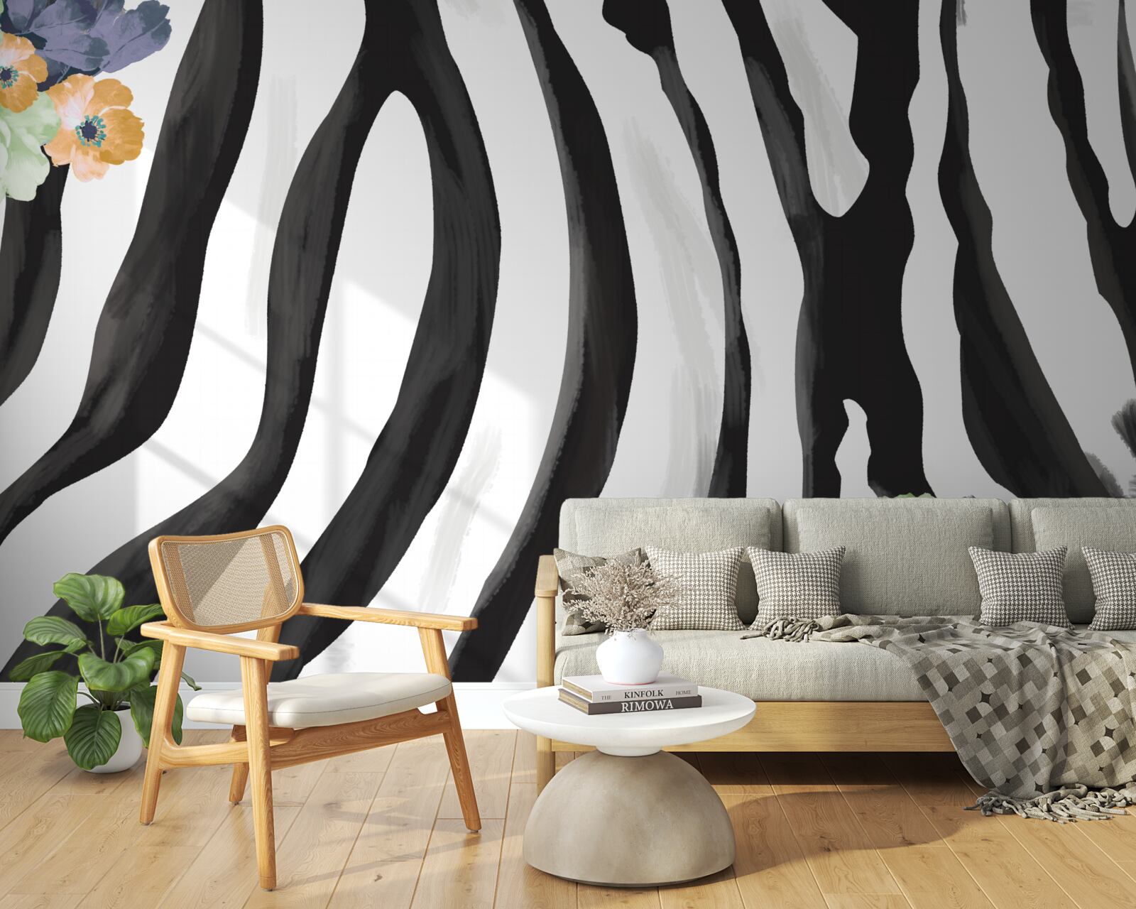 Fototapeta pozadie s kvetmi na čiernobielom pruhovanom podklade