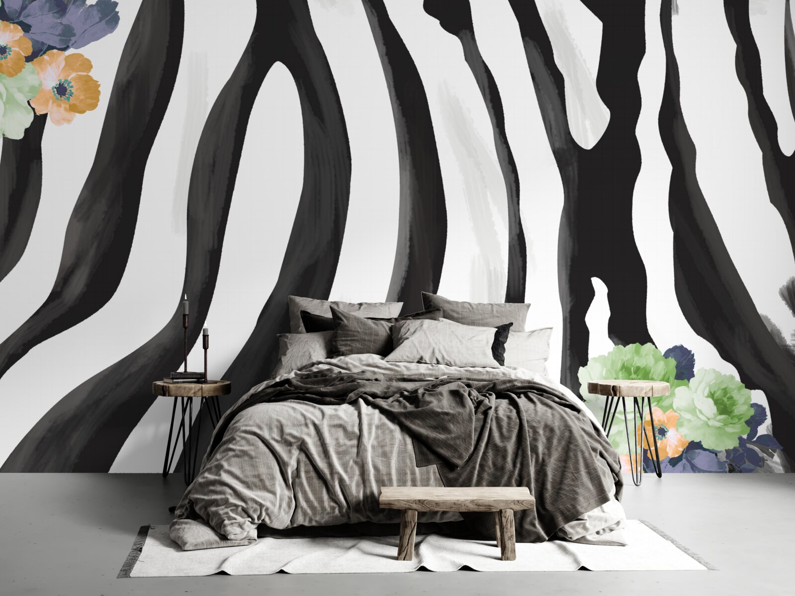 Fototapeta pozadie s kvetmi na čiernobielom pruhovanom podklade