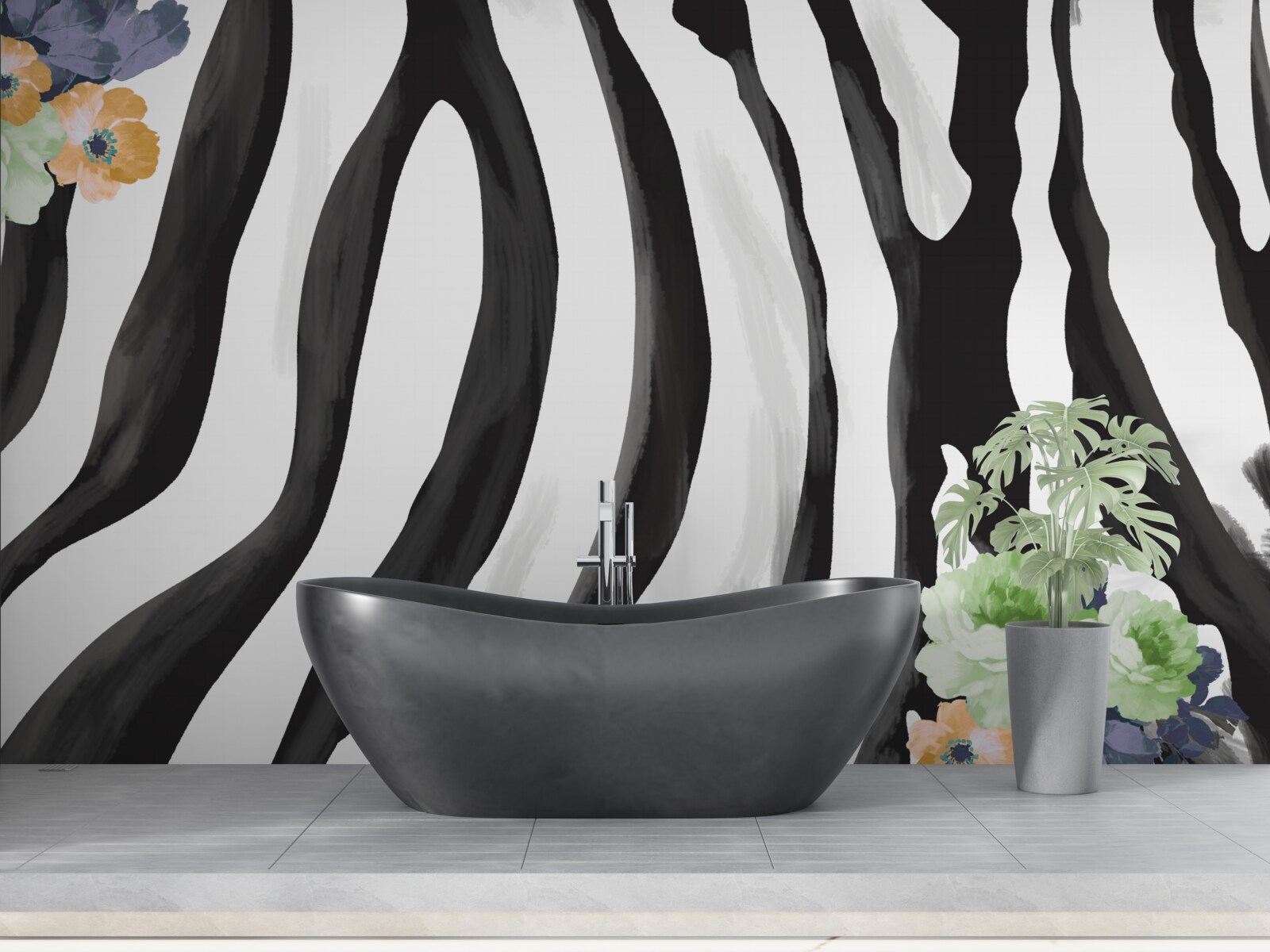 Fototapeta pozadie s kvetmi na čiernobielom pruhovanom podklade