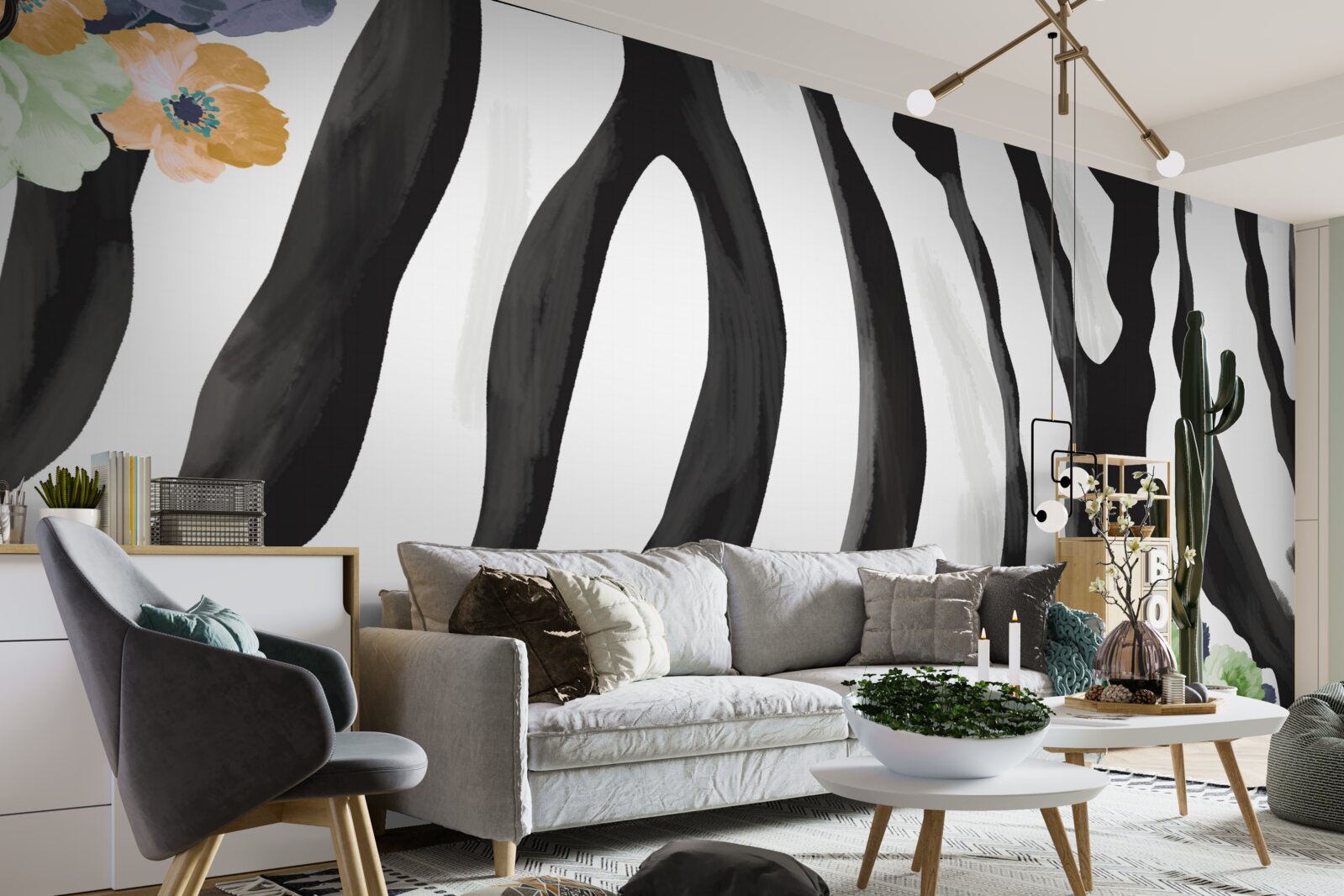 Fototapeta pozadie s kvetmi na čiernobielom pruhovanom podklade