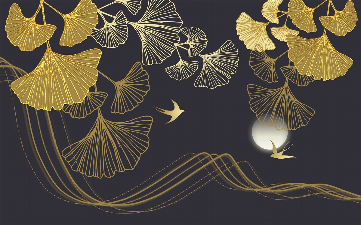 Fototapeta listy v zlatých odtieňoch a morské vlny