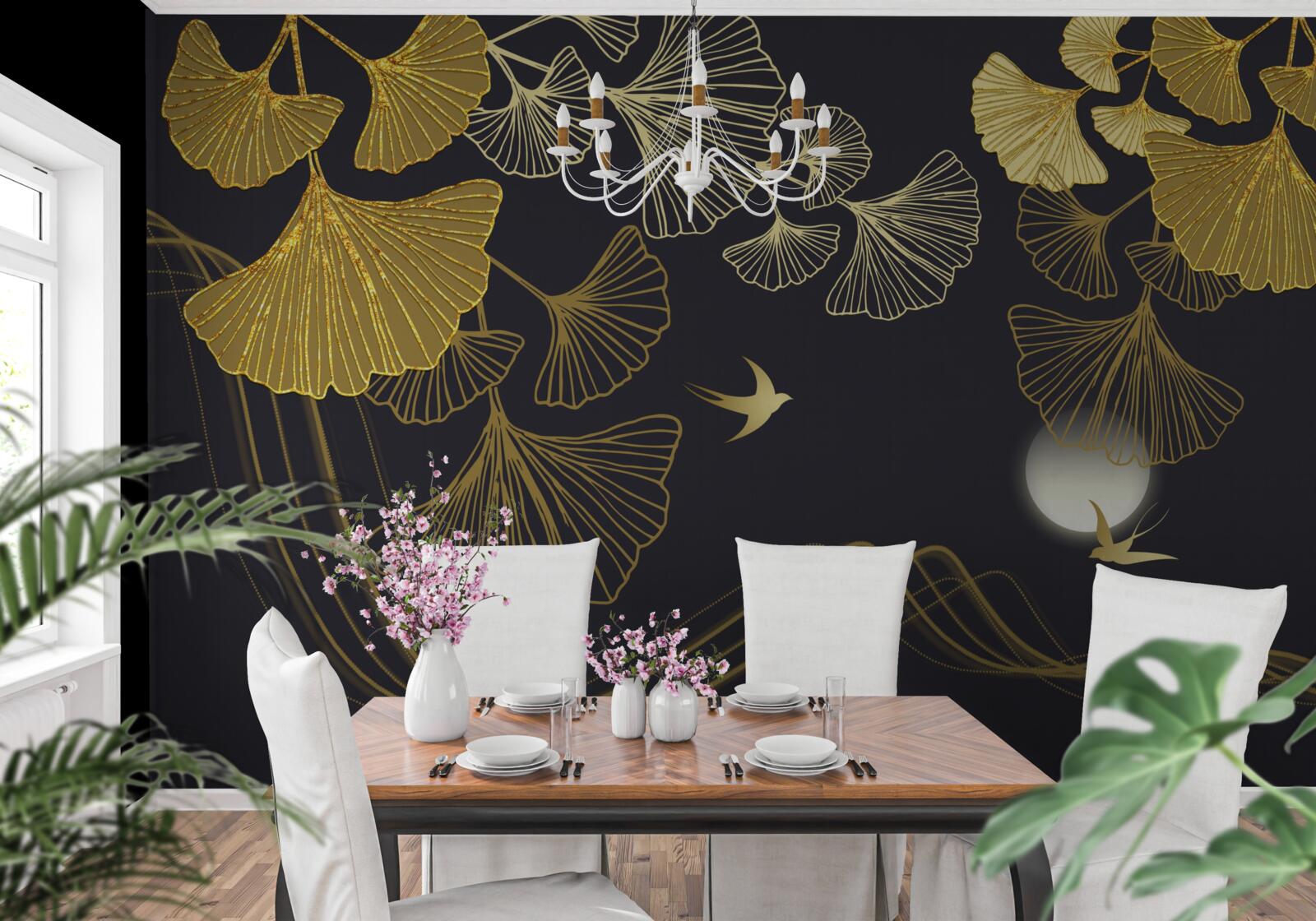 Fototapeta listy v zlatých odtieňoch a morské vlny