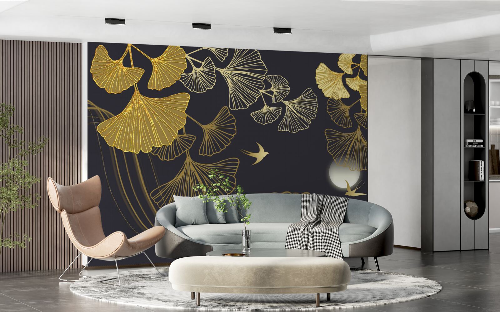 Fototapeta listy v zlatých odtieňoch a morské vlny