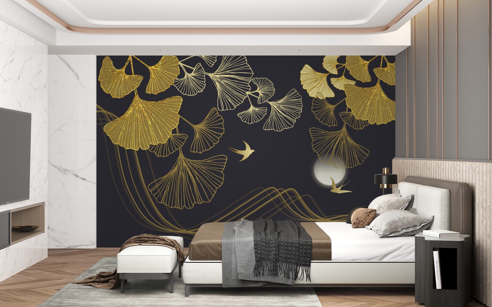 Fototapeta listy v zlatých odtieňoch a morské vlny