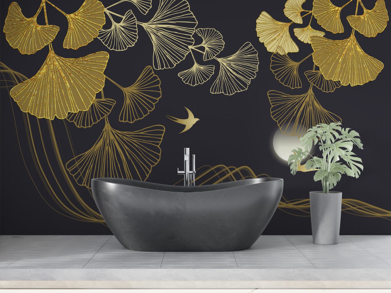 Fototapeta listy v zlatých odtieňoch a morské vlny