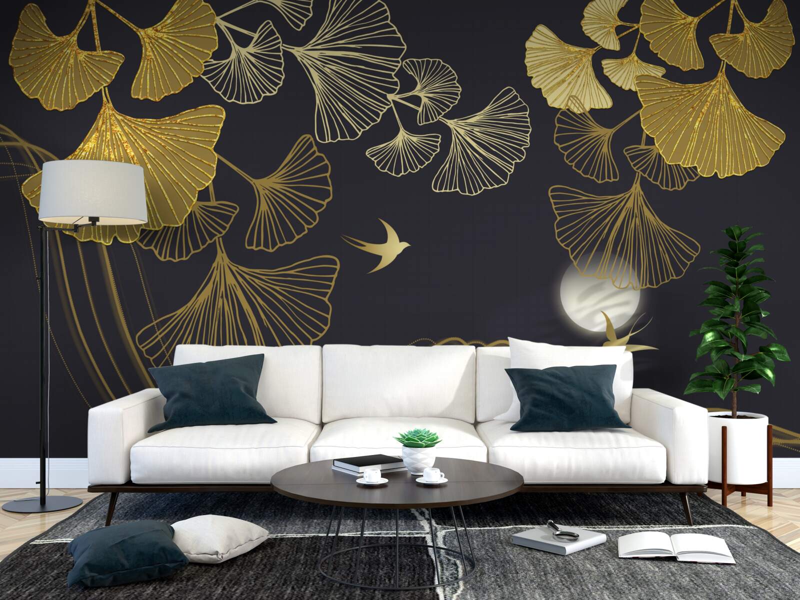 Fototapeta listy v zlatých odtieňoch a morské vlny