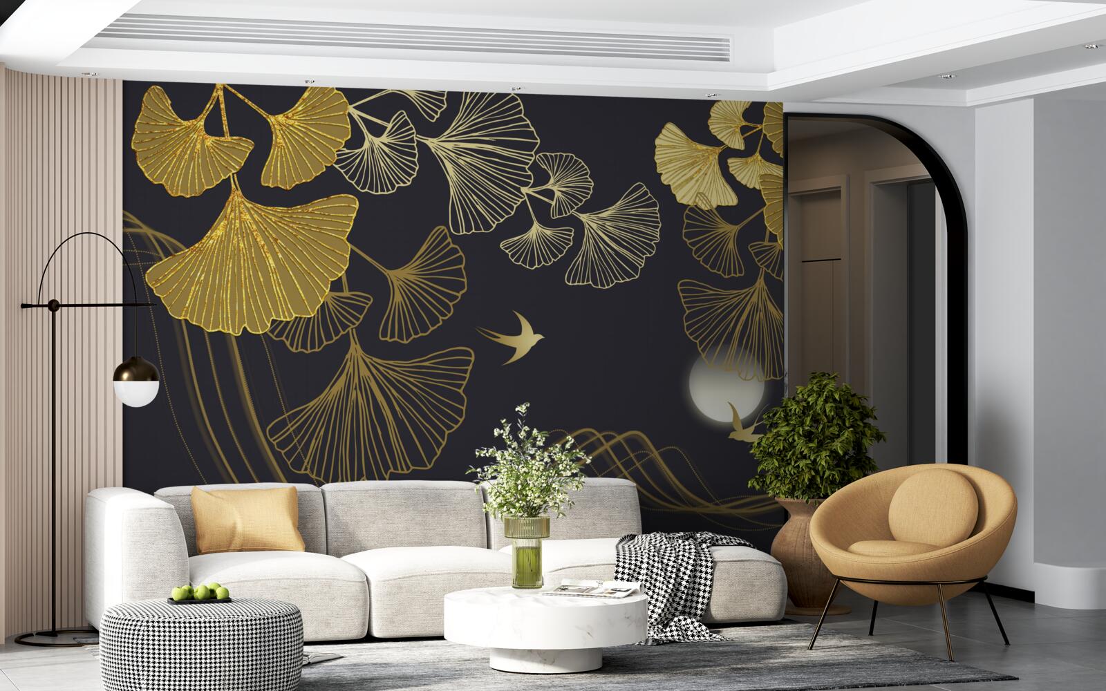 Fototapeta listy v zlatých odtieňoch a morské vlny