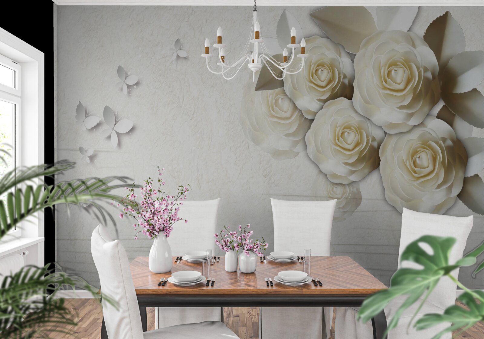 Fototapeta motýle a snehobiele ruže