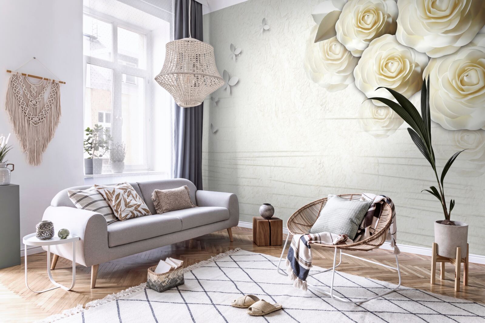 Fototapeta motýle a snehobiele ruže