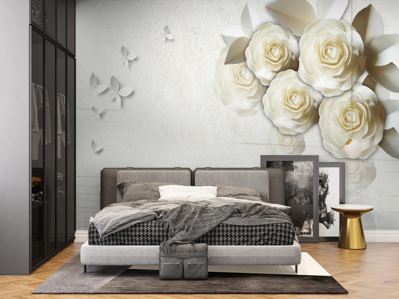 Fototapeta motýle a snehobiele ruže