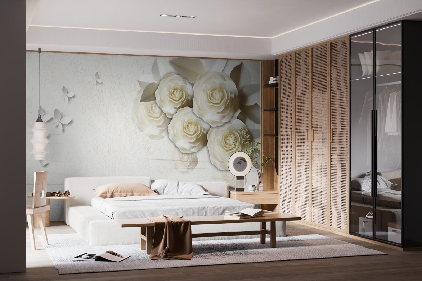 Fototapeta motýle a snehobiele ruže