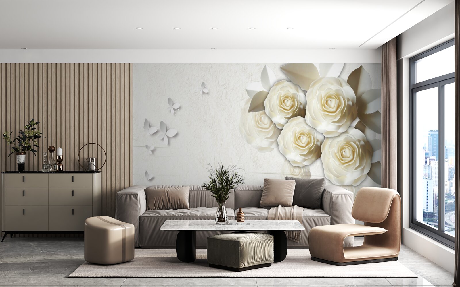 Fototapeta motýle a snehobiele ruže