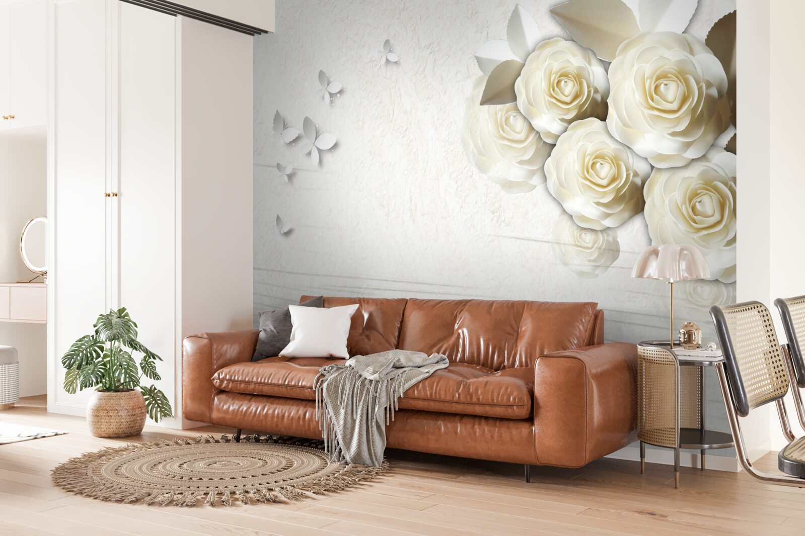 Fototapeta motýle a snehobiele ruže