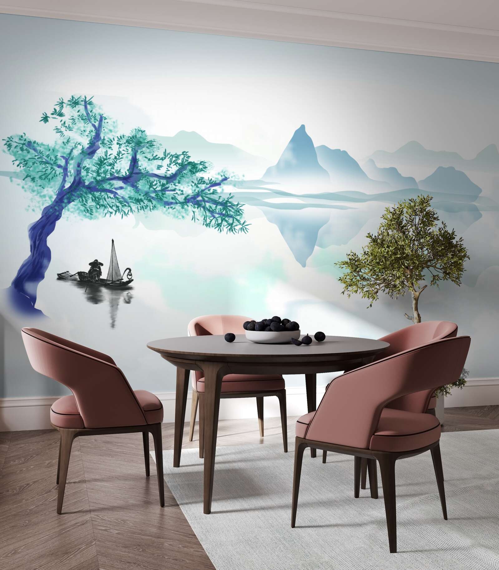 Fototapeta osamelý rybár pri kmeni stromu na brehu nádrže