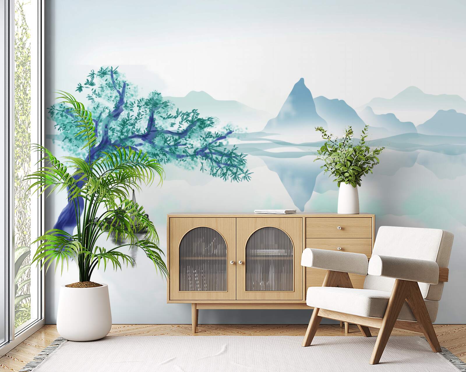 Fototapeta osamelý rybár pri kmeni stromu na brehu nádrže