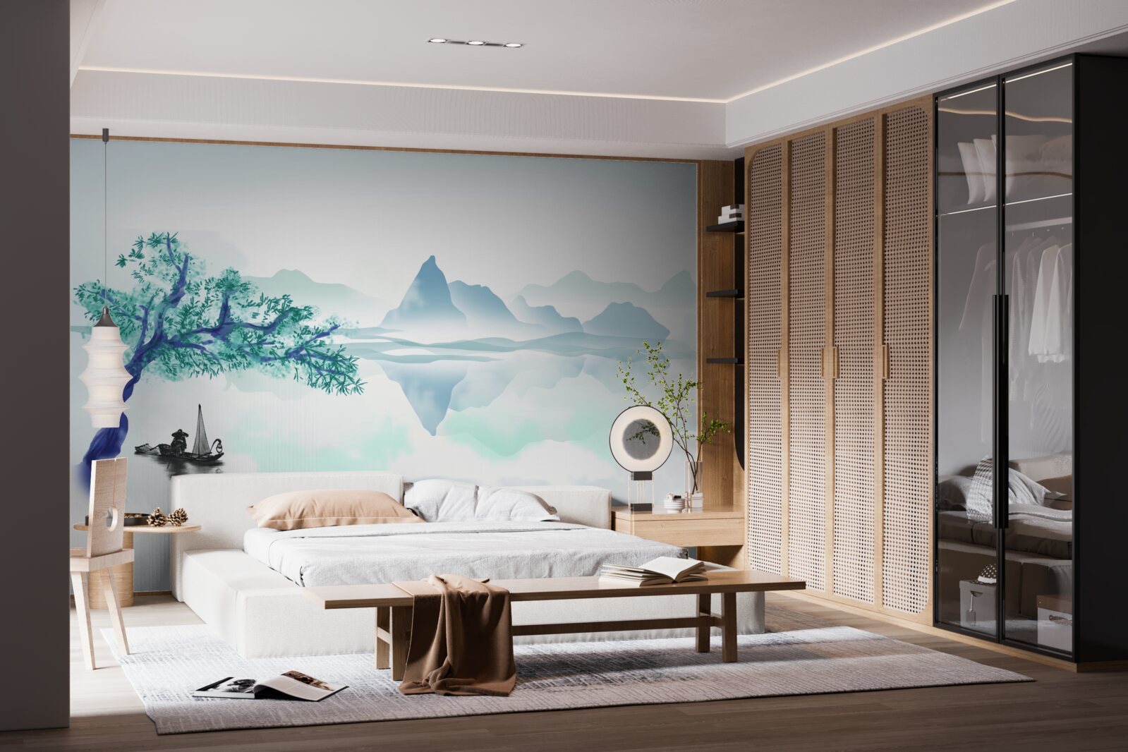 Fototapeta osamelý rybár pri kmeni stromu na brehu nádrže