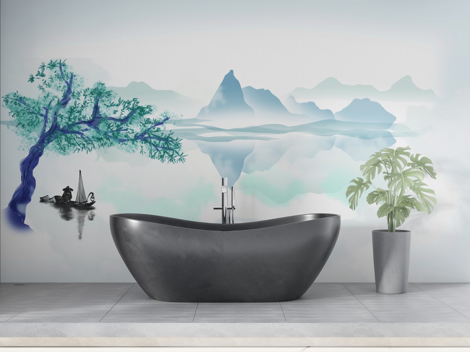 Fototapeta osamelý rybár pri kmeni stromu na brehu nádrže