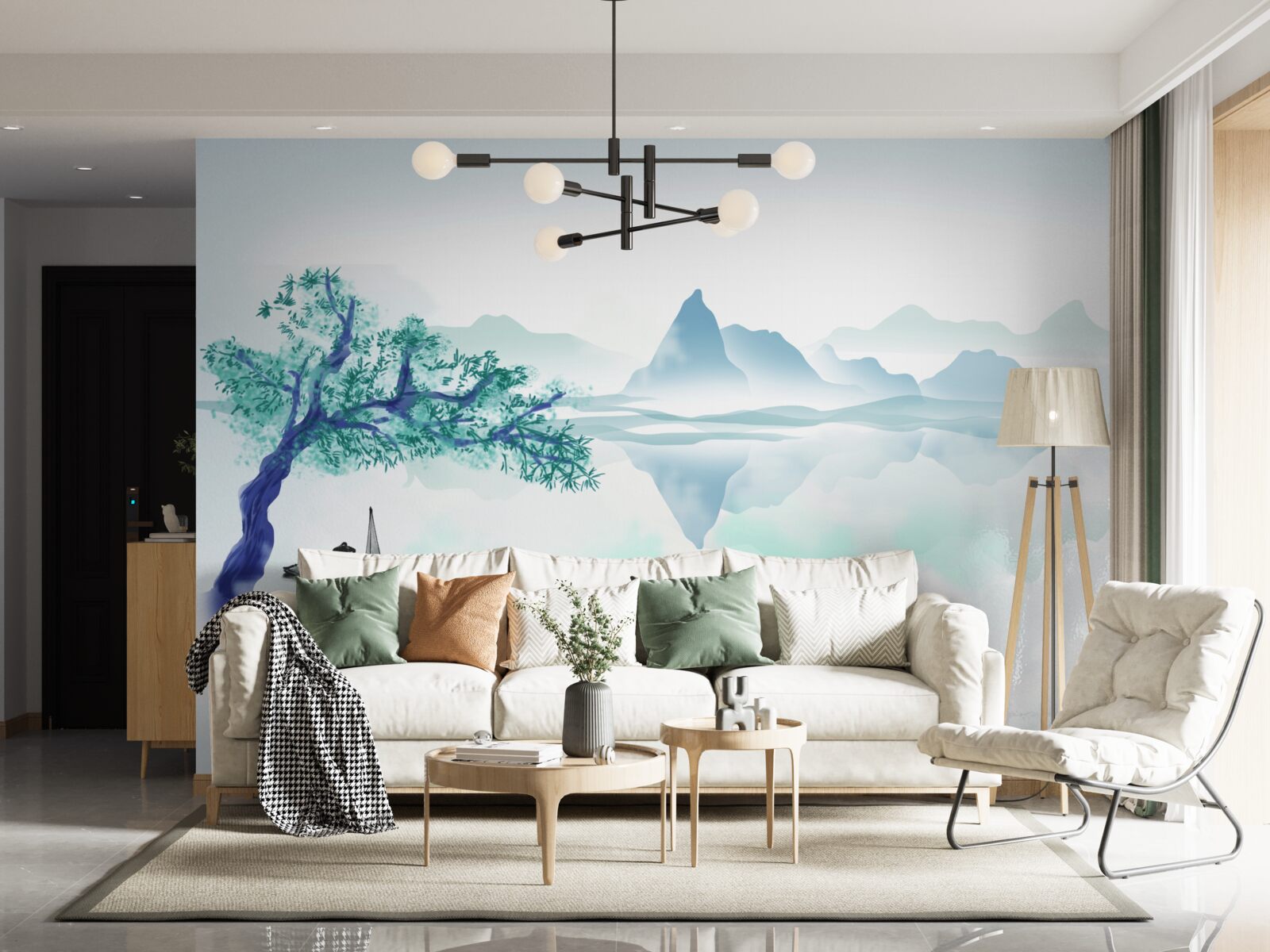 Fototapeta osamelý rybár pri kmeni stromu na brehu nádrže