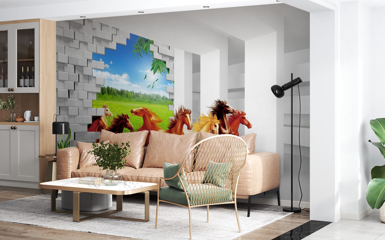 Fototapeta Z lúky sa ponáhľajú zástupcovia rôznych plemien koní