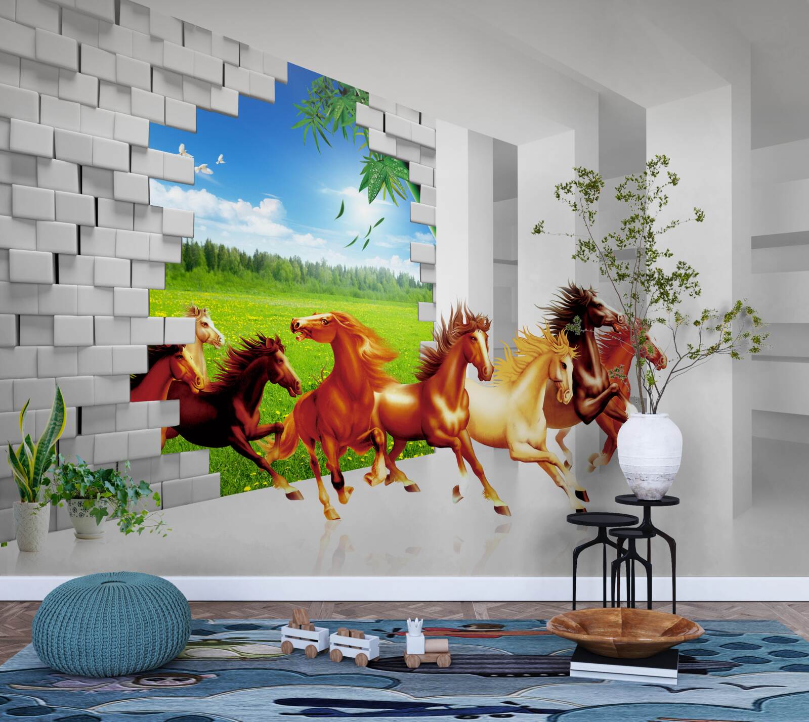 Fototapeta Z lúky sa ponáhľajú zástupcovia rôznych plemien koní