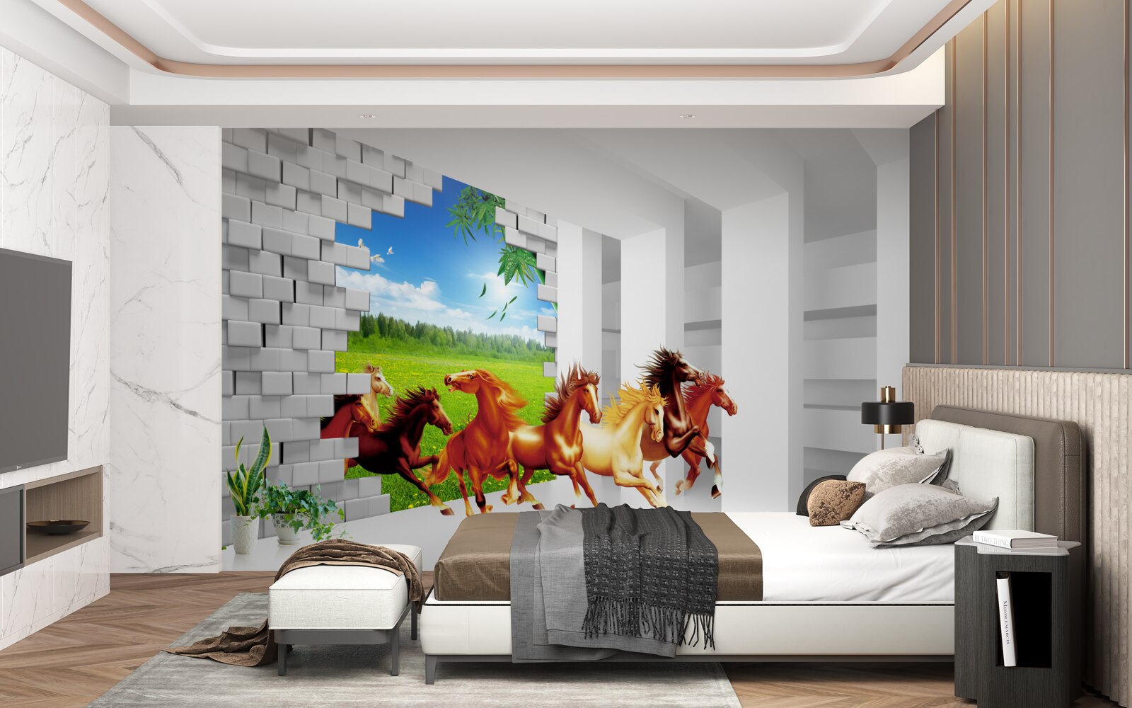 Fototapeta Z lúky sa ponáhľajú zástupcovia rôznych plemien koní