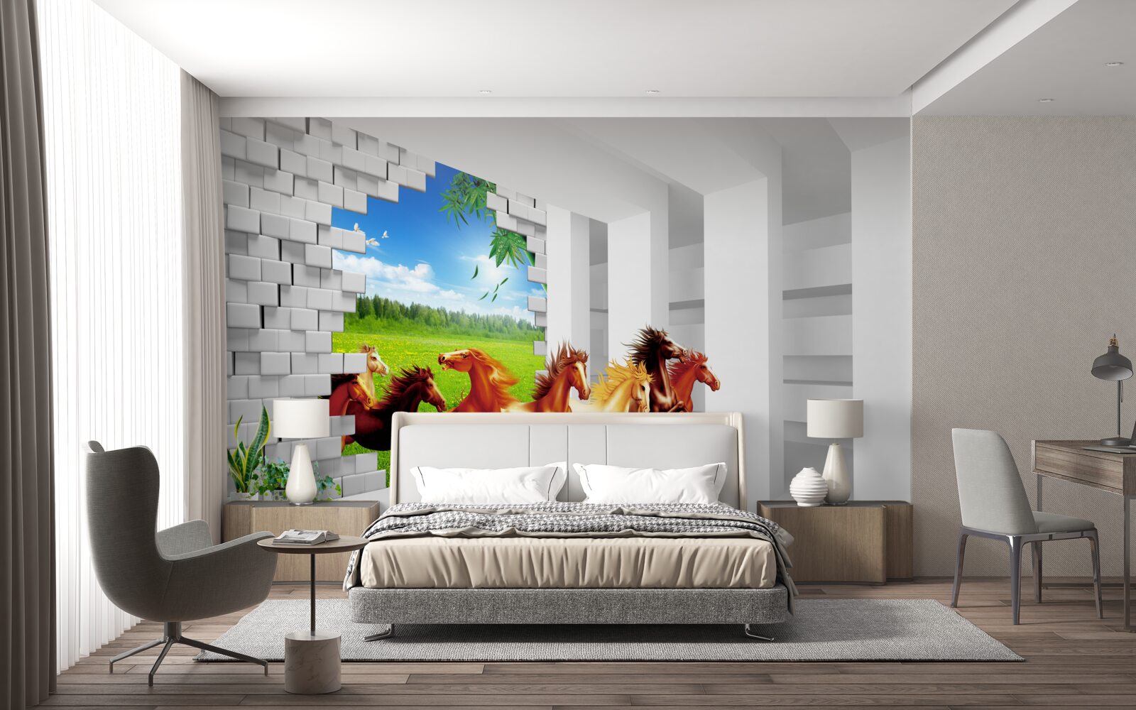 Fototapeta Z lúky sa ponáhľajú zástupcovia rôznych plemien koní