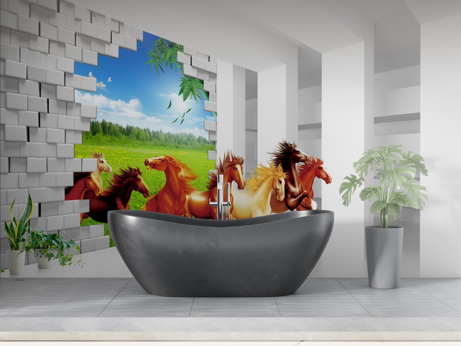 Fototapeta Z lúky sa ponáhľajú zástupcovia rôznych plemien koní