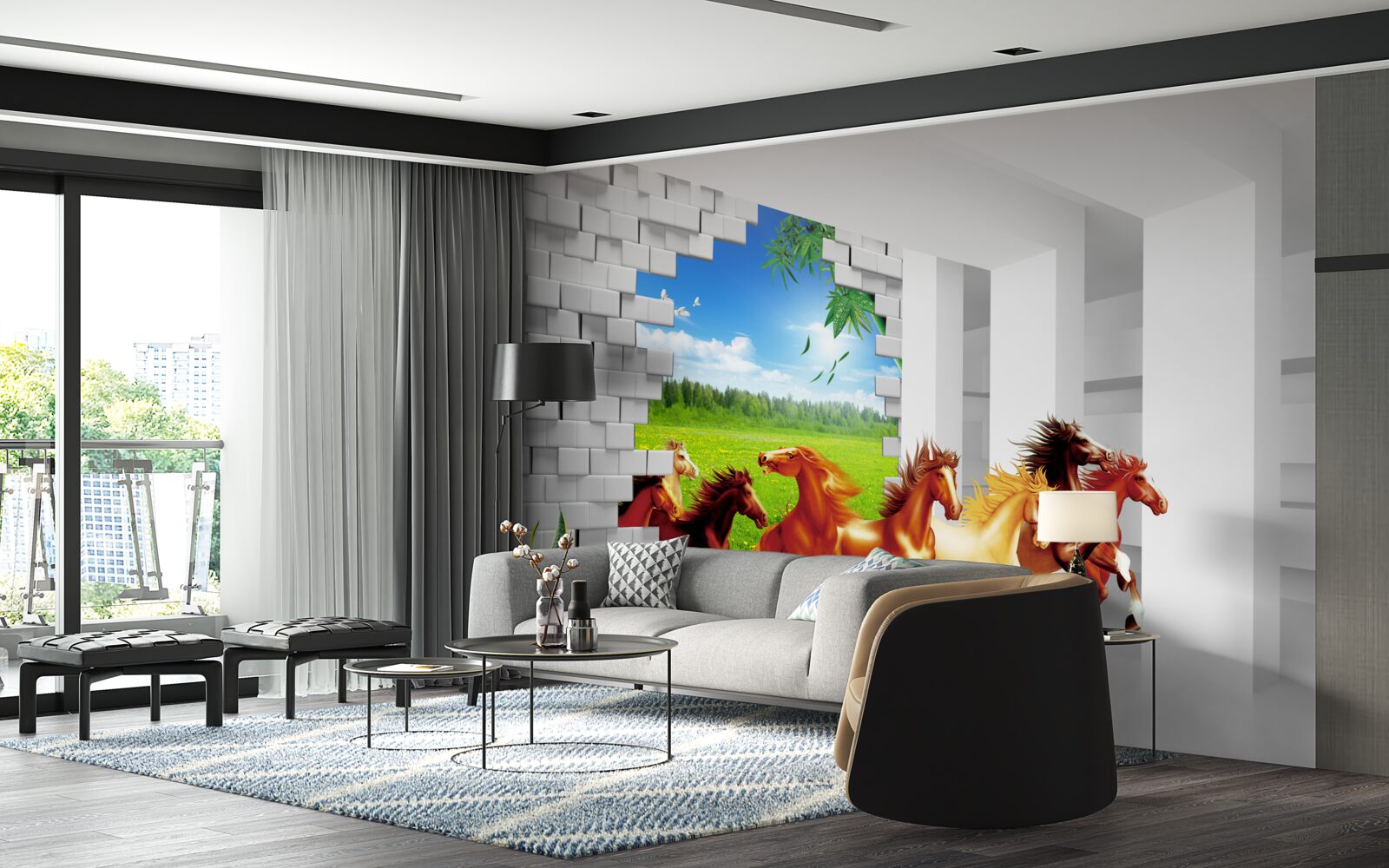 Fototapeta Z lúky sa ponáhľajú zástupcovia rôznych plemien koní