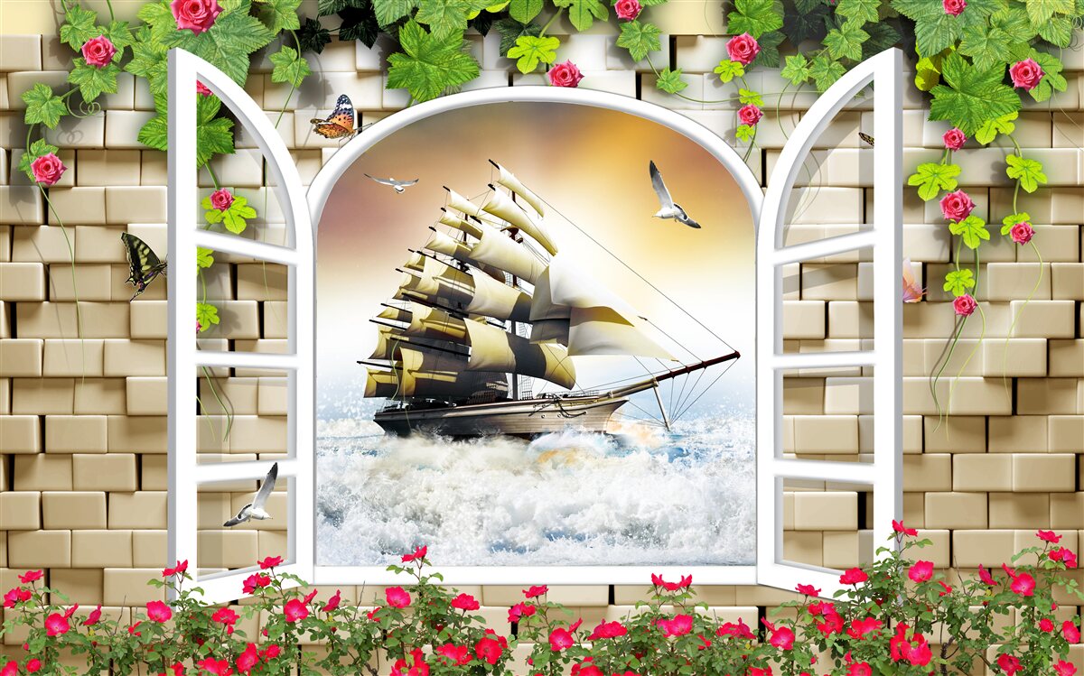 Fototapeta okno s panoramatickým výhľadom na plachetnicu