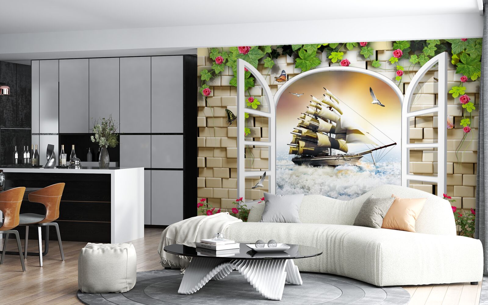 Fototapeta okno s panoramatickým výhľadom na plachetnicu