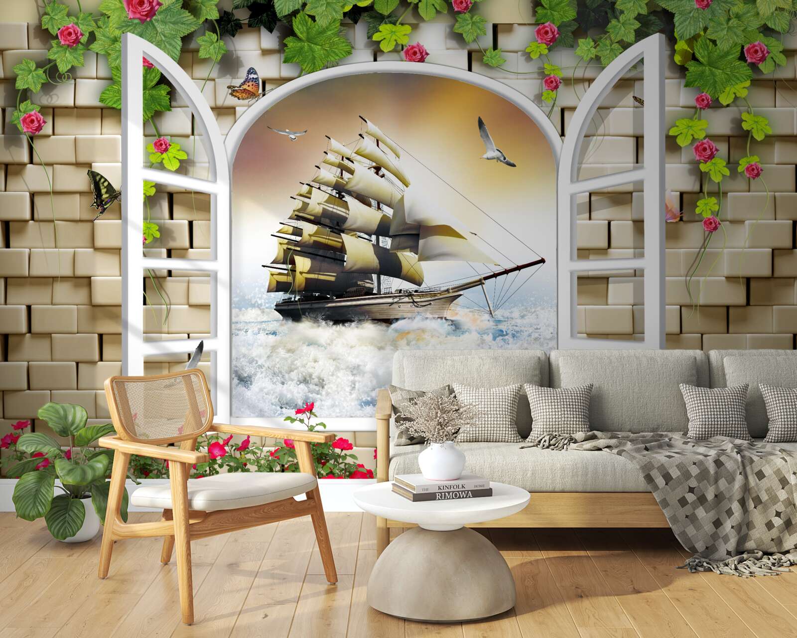 Fototapeta okno s panoramatickým výhľadom na plachetnicu