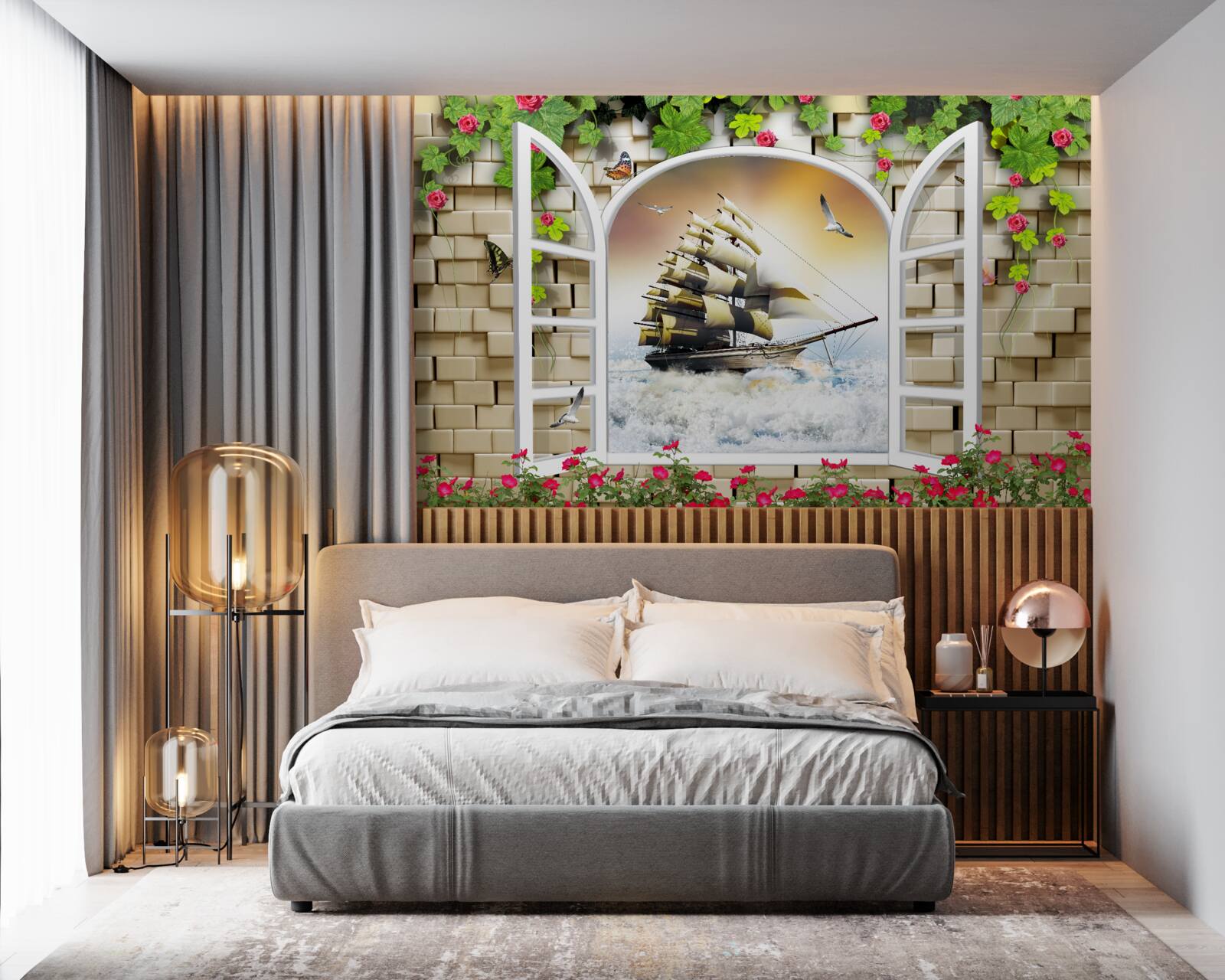 Fototapeta okno s panoramatickým výhľadom na plachetnicu