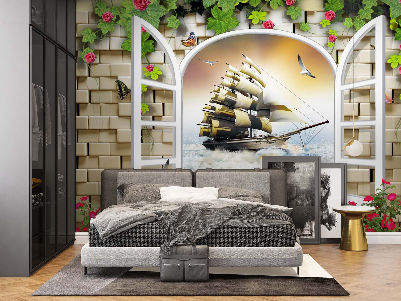 Fototapeta okno s panoramatickým výhľadom na plachetnicu