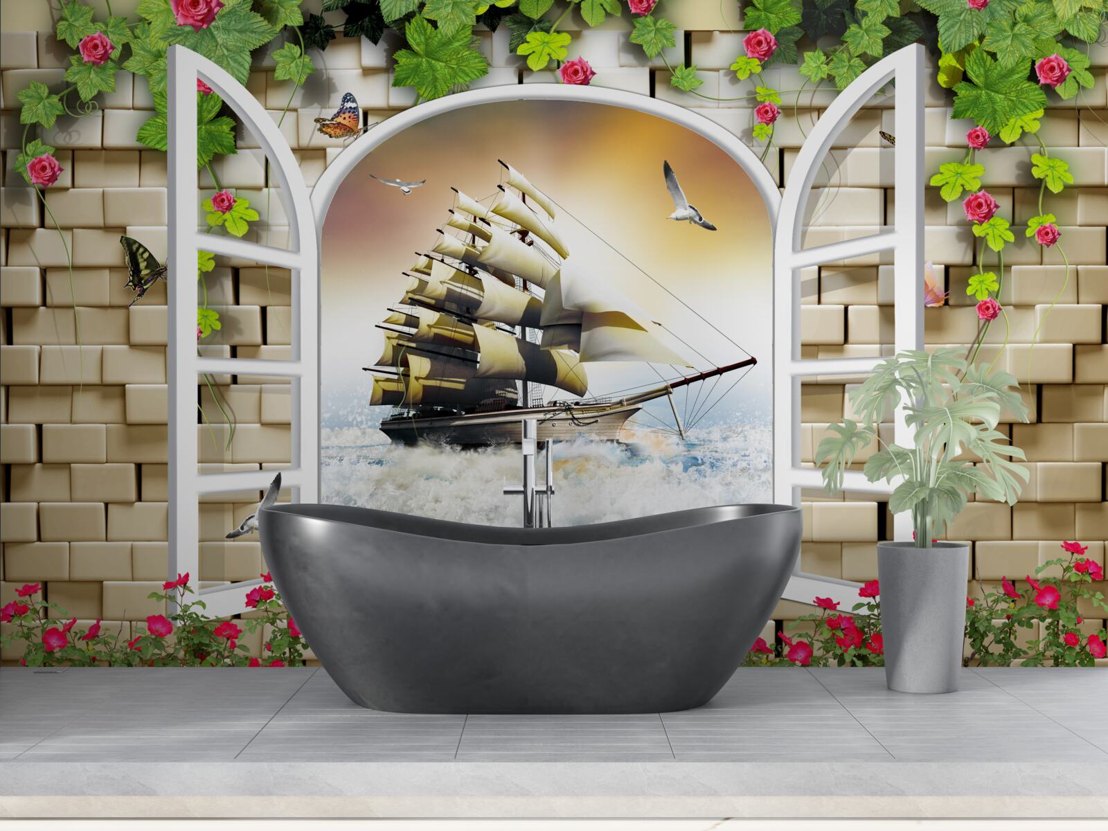 Fototapeta okno s panoramatickým výhľadom na plachetnicu