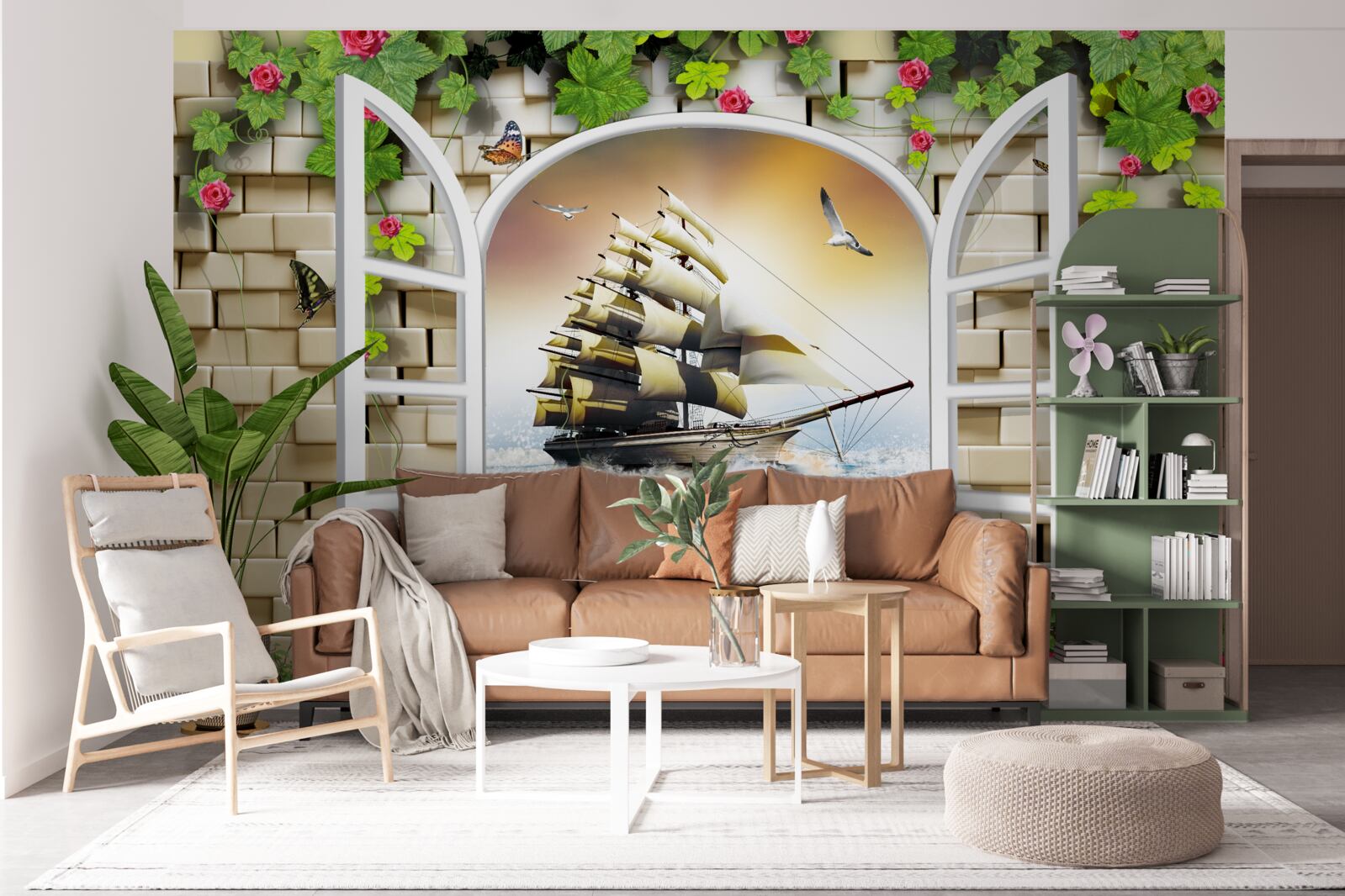 Fototapeta okno s panoramatickým výhľadom na plachetnicu