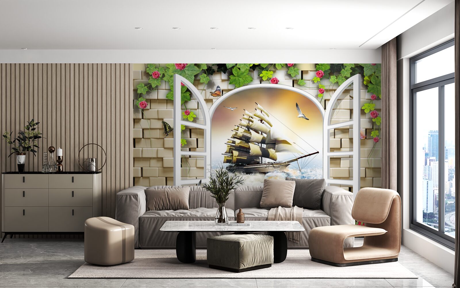 Fototapeta okno s panoramatickým výhľadom na plachetnicu