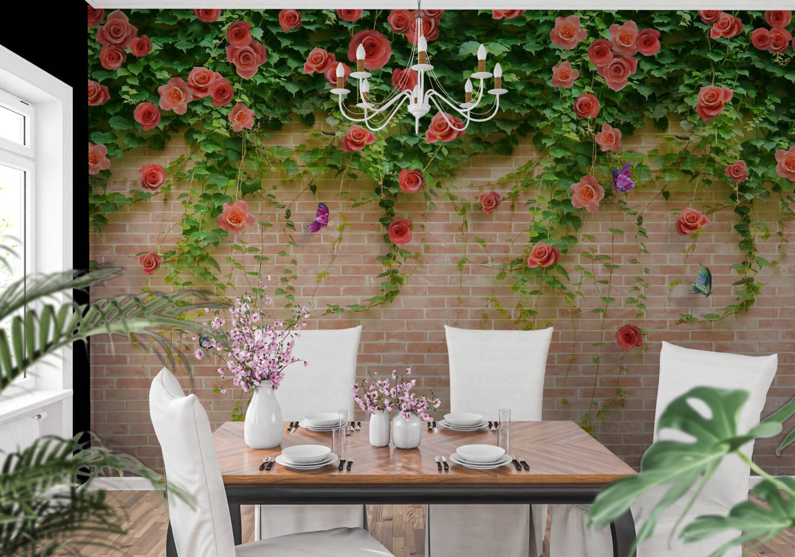 Fototapeta karmínové kvety na tehlovej stene