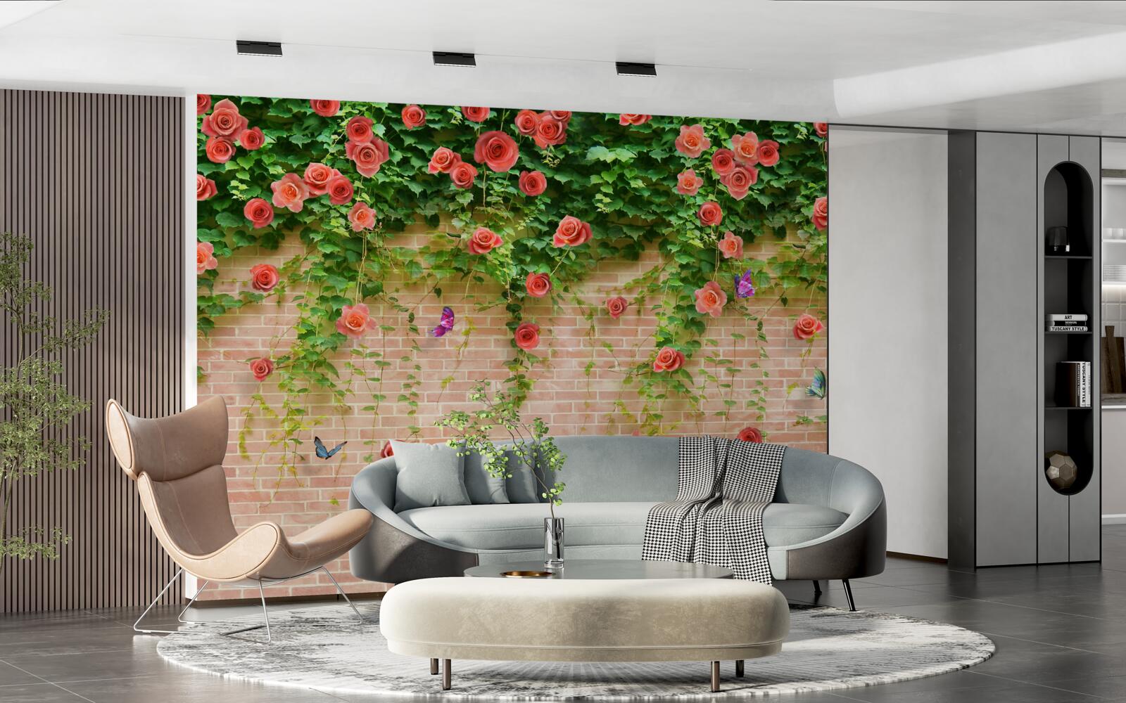 Fototapeta karmínové kvety na tehlovej stene