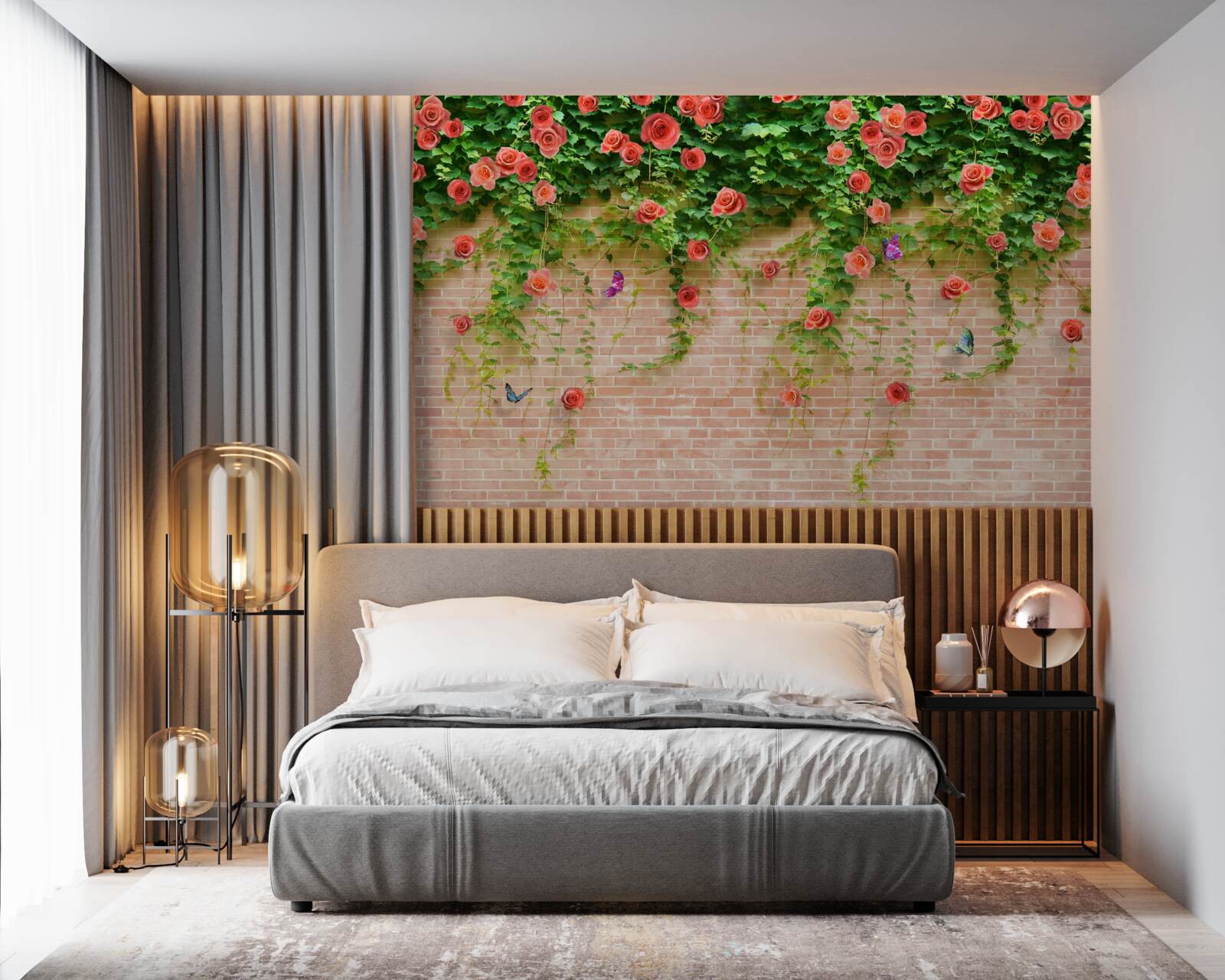 Fototapeta karmínové kvety na tehlovej stene