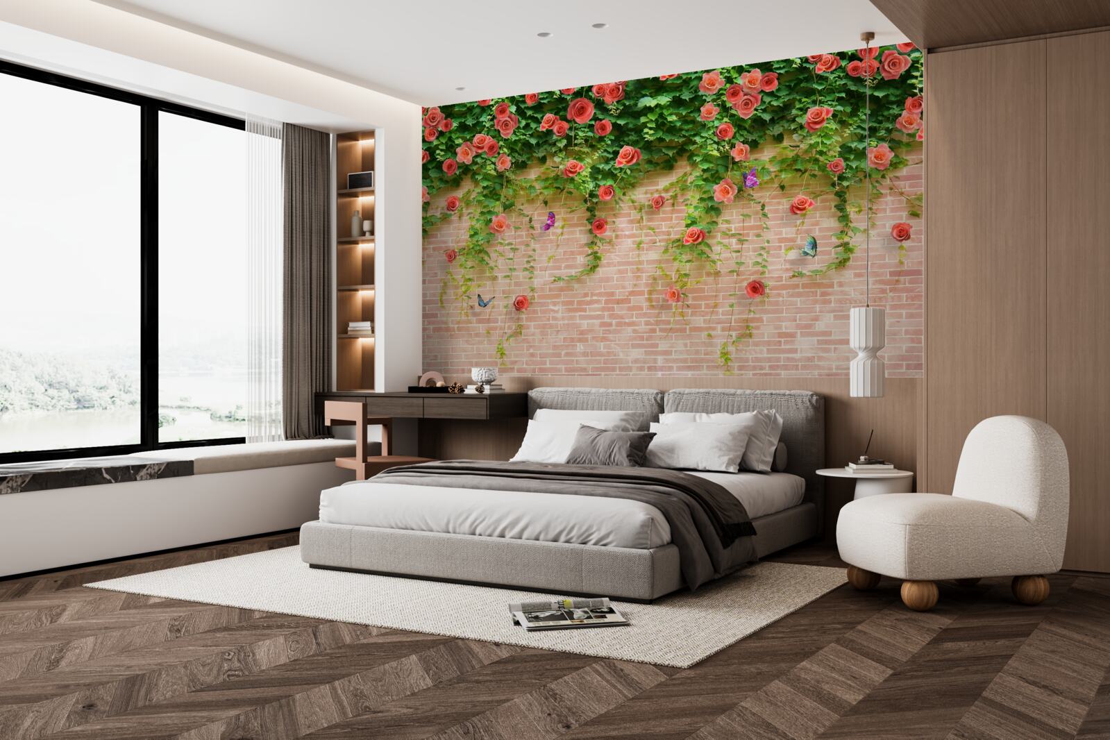 Fototapeta karmínové kvety na tehlovej stene